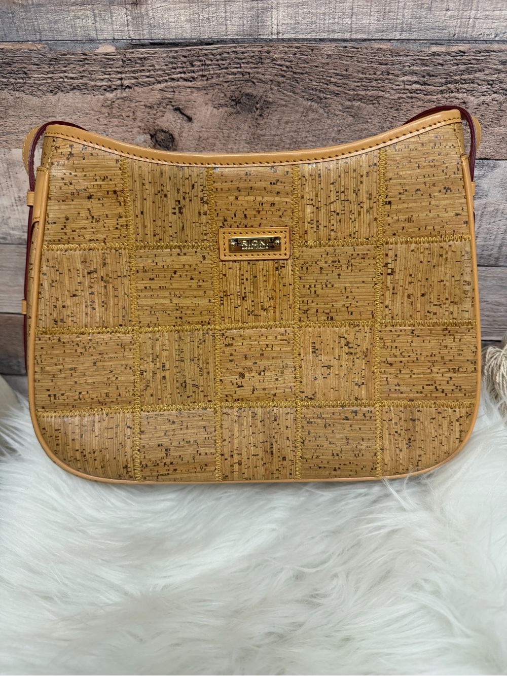 Rioni Tan Cork Checkerboard Shoulder Bag